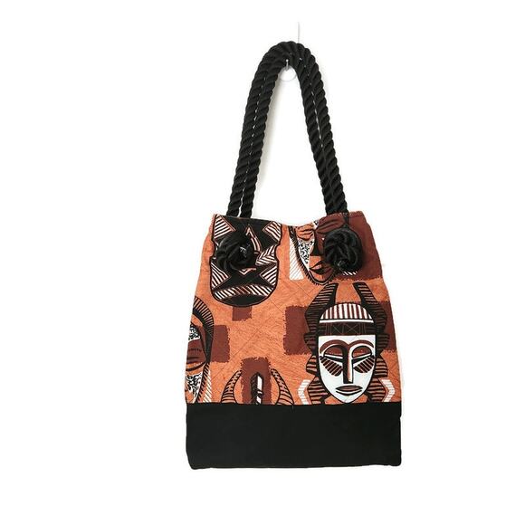 Women's Brown Black Canvas Tribal Ethnic Pattern Tote - Picture 1 of 6